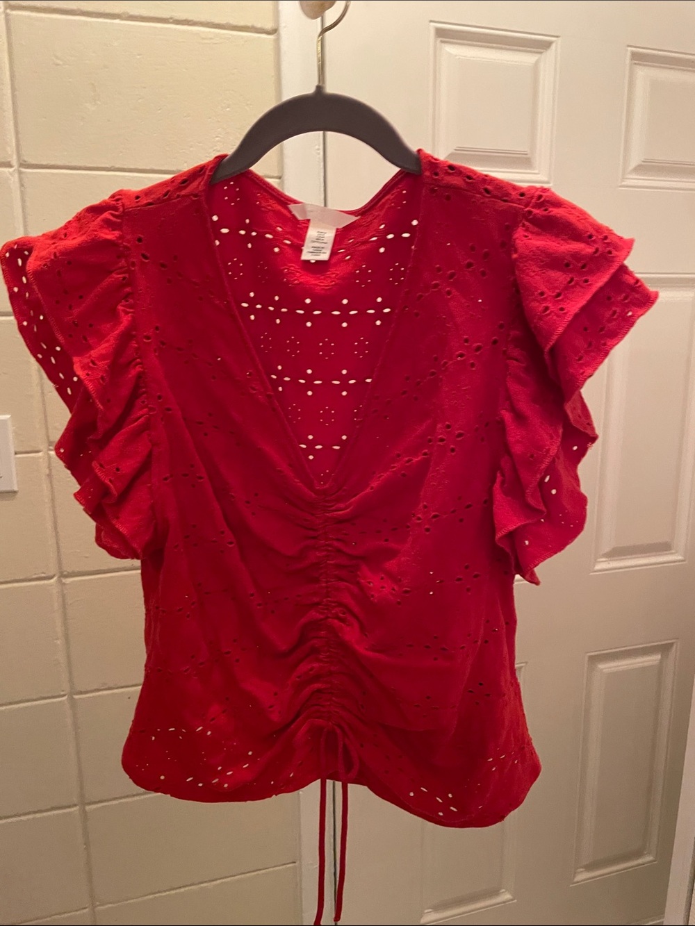 H&M Eyelet Flutter Sleeve Ruched Tie Top (M)